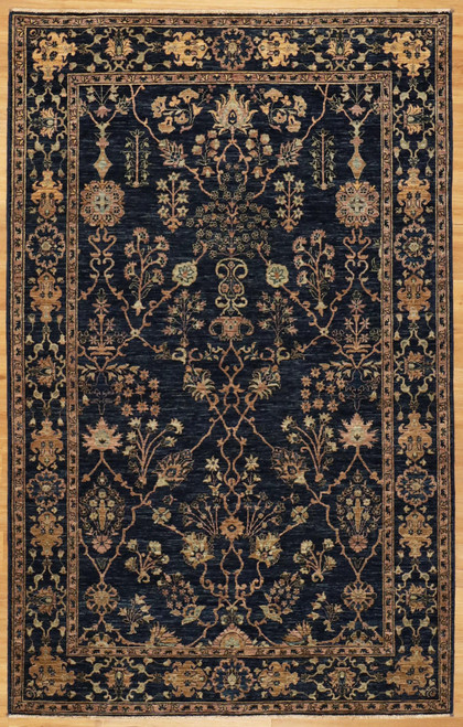 Transitional blue and cream floral design rug crafted with vegetable dyes5'1"x8' 