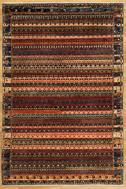 Beautiful hand karted wool and vegetable dye carpet with multi-colored striped design 4’x6’