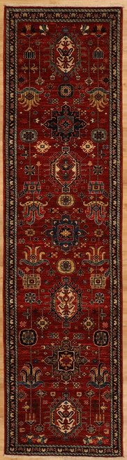 Hand Knotted red backgroun Karajeh style runner 2'9x9'4, woven with hand-spun wool and vegetable dyes.