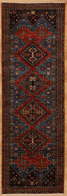 Hand medium blue background Tribal design runner 2'7x7'11