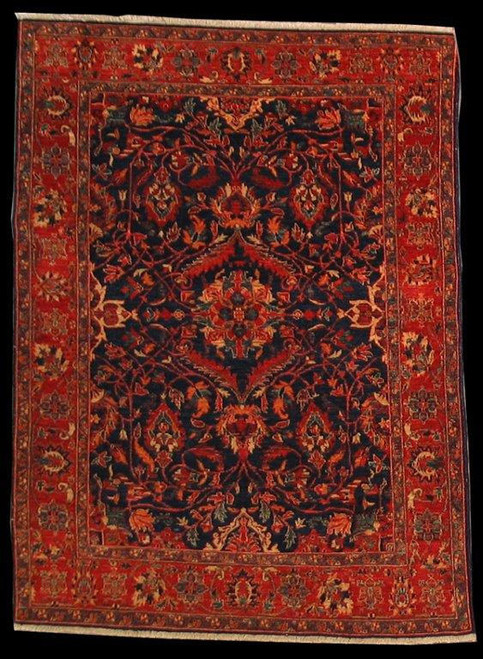 Traditional Hand knotted traditional design Navy blue field and red border rug 4'9 X 6'4 