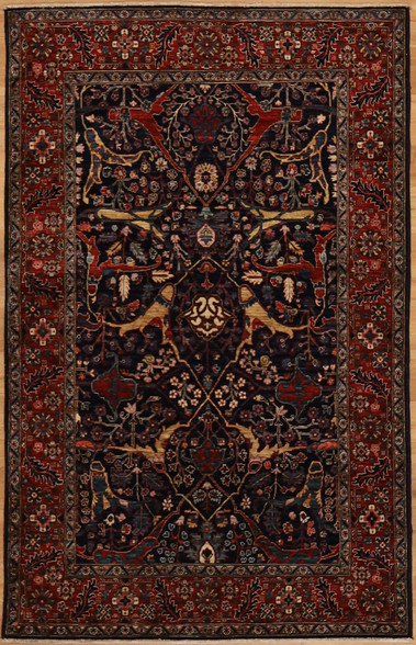Navy Blue Background and red border Traditional design rug 3'11x6'1