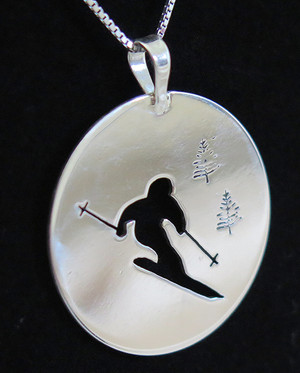 Sterling Silver Skier Pendant by Muddy Paws Designs (1 1/8 inch)