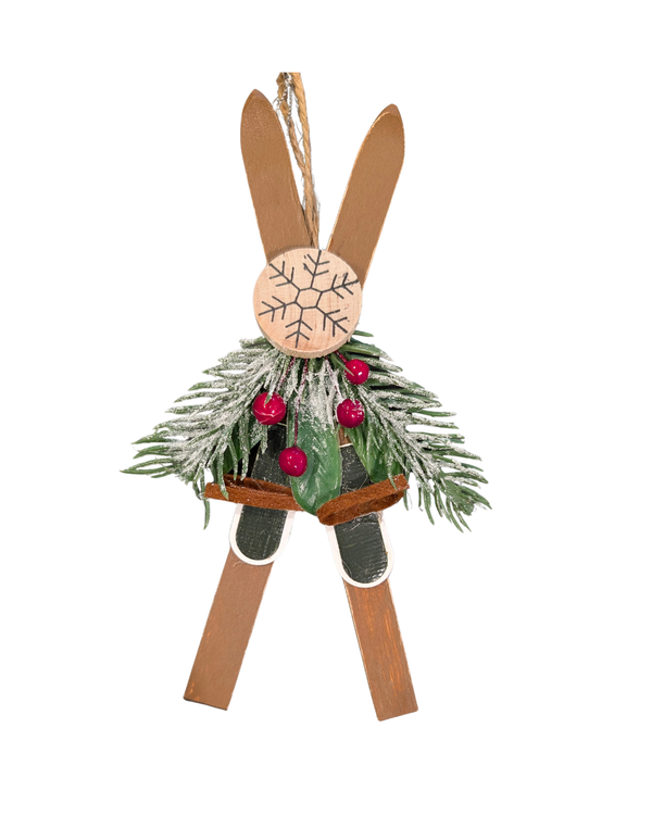 Vintage Crossed Skis Ornament with Evergreen - Wood