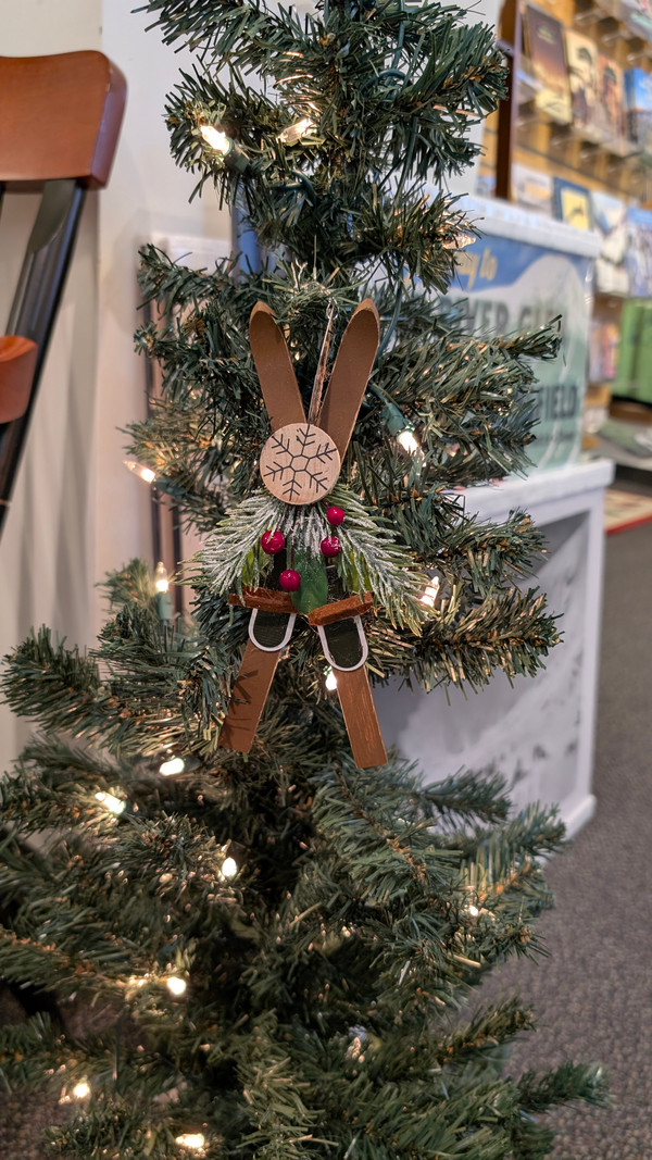 Vintage Crossed Skis Ornament with Evergreen - Wood