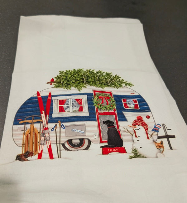 Vintage Camper with Lab and Ski's - Flour Sack Towel
