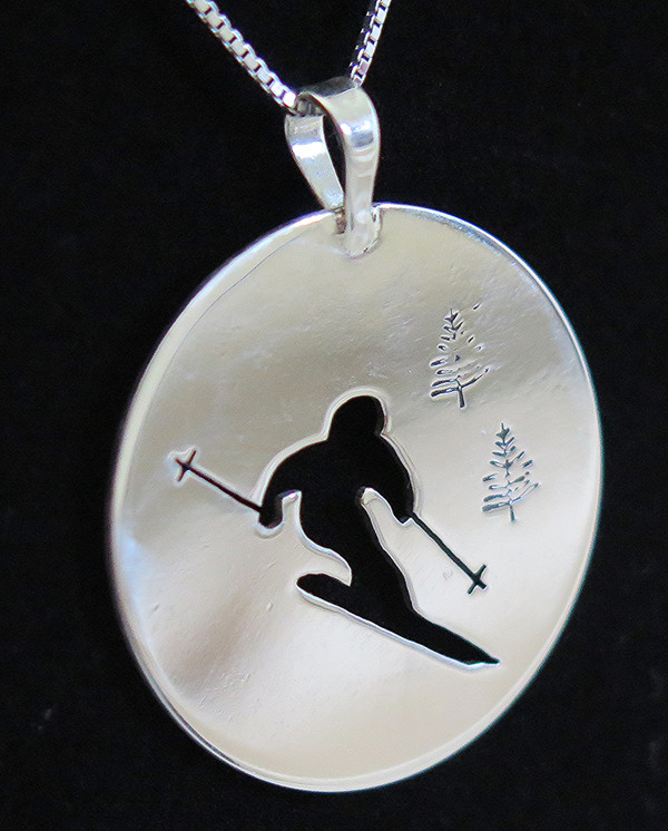 Sterling Silver Skier Pendant by Muddy Paws Designs (1 1/8 inch)