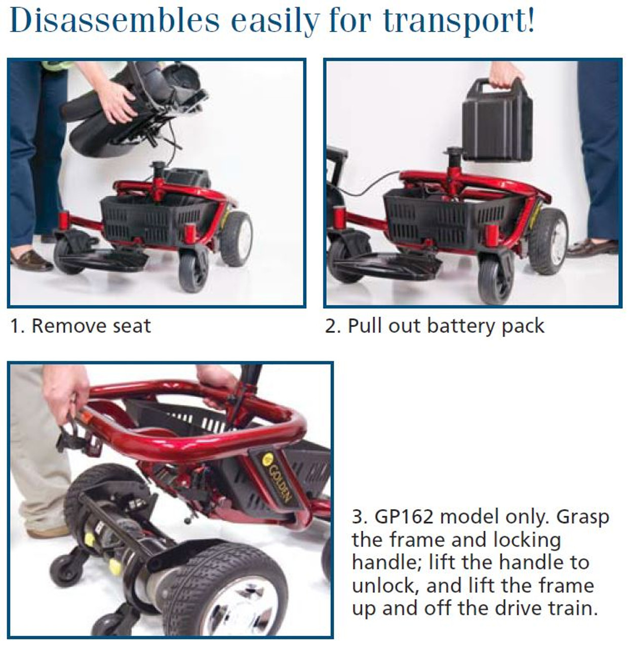 Easy disassembly for transport in most any vehicle trunk.