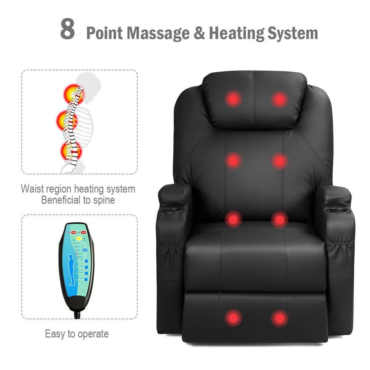 Power Lift Recliner with Massage and Heat - Black Faux Leather