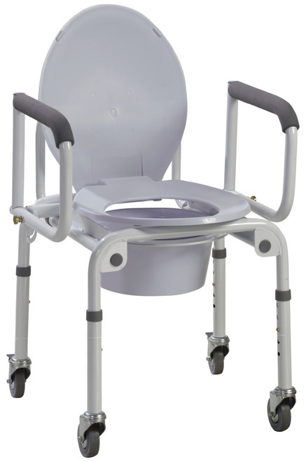 Steel Drop-Arm Commode with Wheels and Padded Armrests