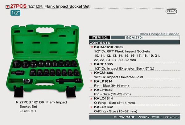 27 Piece 1/2" Flank Impact socket Set (Black Phosphate Finish)