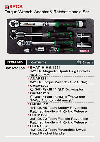 8 pc Torque Wrench, Socket & Ratchet (Satin Finish)