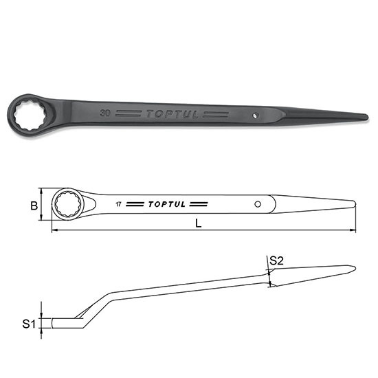 Single Ring Spud Wrench 45 degree offset, 38mm, Black Phosphate Finish