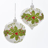 Glass White With Holly Leaves and Red Jewels Design Ornaments, 2 Assorted