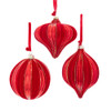100MM Glass Flocked Red With Gold Glitter Ball, Onion & Finial Ornaments,  3 Assorted