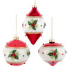 Glass Red & White With Holly Ball, Finial and Onion Shaped Ornaments, 3 Assorted