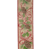 Tan With Red & Green Leaf Patterned Dot Double Wire Ribbon