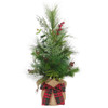 24“ Un-Lit Green Tree With Berries and Plaid Ribbon