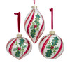 Glass Ball, Onion, Drop With Holly Ornaments, 3 Assorted