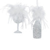 Glass Champagne Bottle & Cup With Feathers Ornaments, 2 Assorted