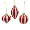 80MM Red & White Stripe Ball, Finial & Drop With Gold Glitter Ornaments, 3 Assorted