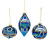 80MM Glass Glittered Peacock Color Ball, Finial & Onion Ornaments, 3 Assorted