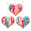 "Jesus," "Faith" & "Pray" Heart Ornaments, 3 Assorted