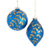 Glass Blue Ball & Finial With Gold Leaves Ornaments, 2 Assorted