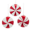 Red & White Glittered Flat Round Peppermint Candy Ornaments, 3 Assorted