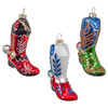Glass Silver, Red & Blue Cowboy Boots Ornaments, 3 Assorted