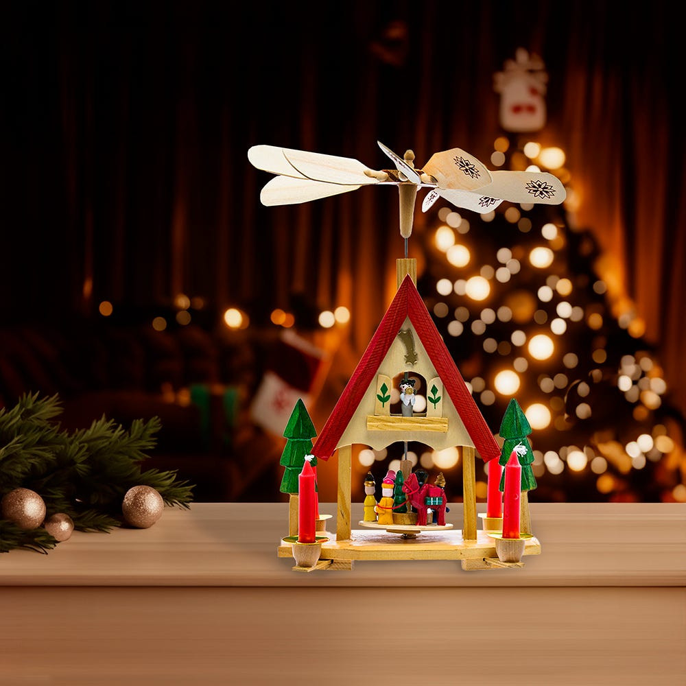 Wooden Christmas Alpine House Carousel With Candles - Kurt S