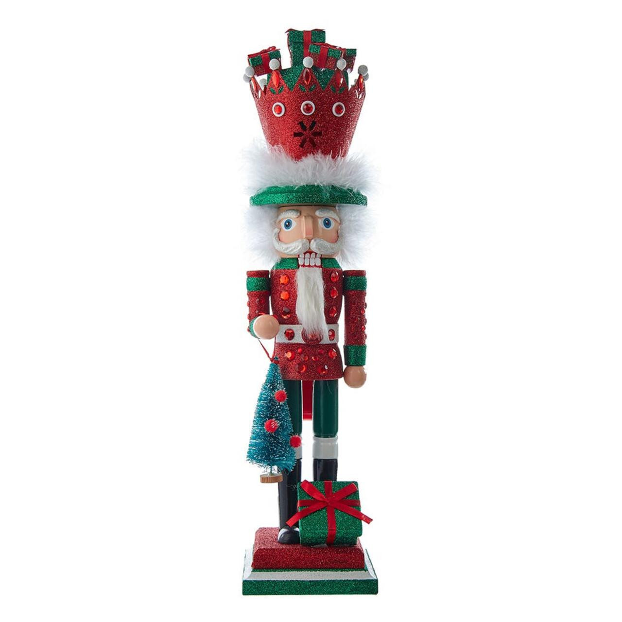 Kurt Adler 18" Hollywood Nutcracker - Red & Green With Presents Crown | Glitter & Rhinestone Holiday Decor