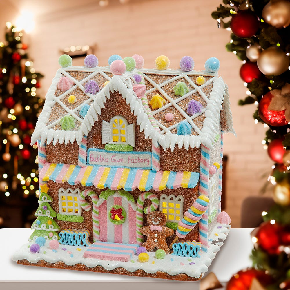8.07“ Battery Operated LED Lighted Gingerbread Bubblegum Factory