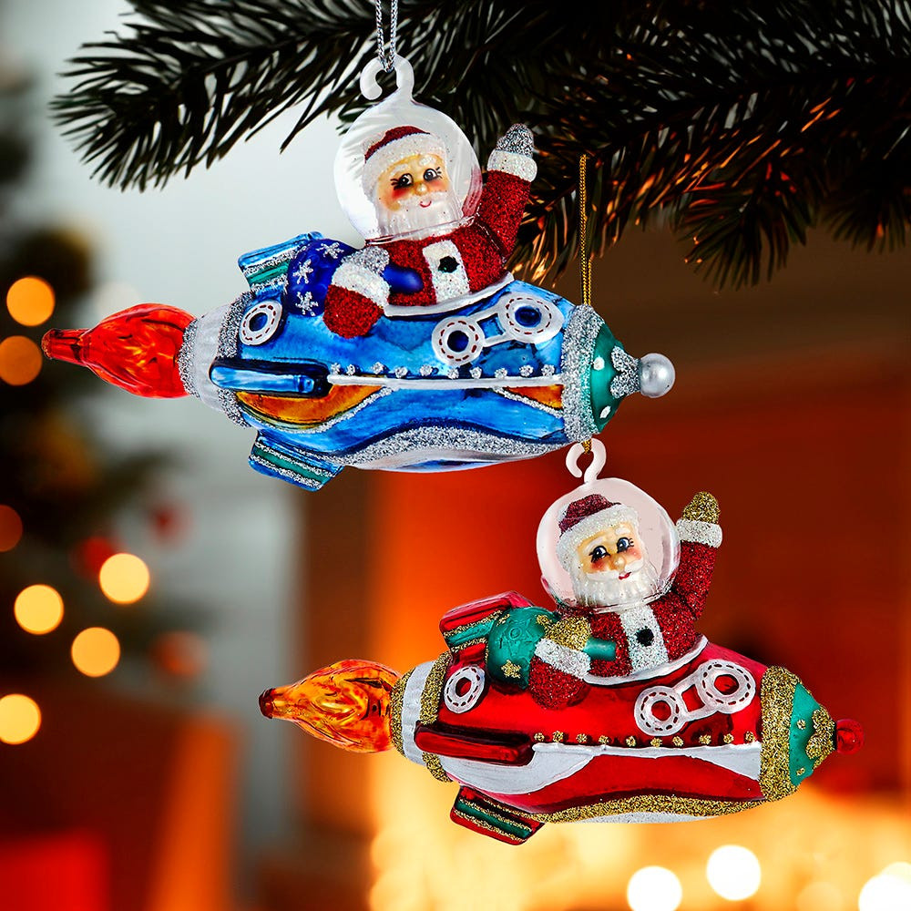 Noble Gems™ Glass Santa In Rocket Ship Ornament - Kurt S. Adler Inc
