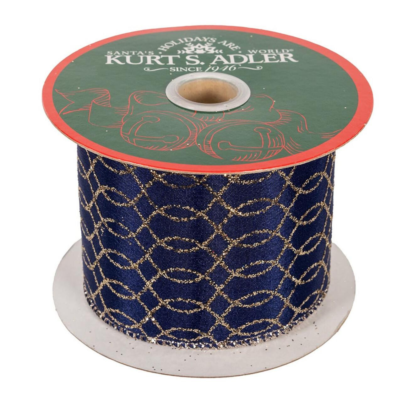 Dark Blue With Gold Glitter Double Wire Ribbon - Kurt S. Adler Inc