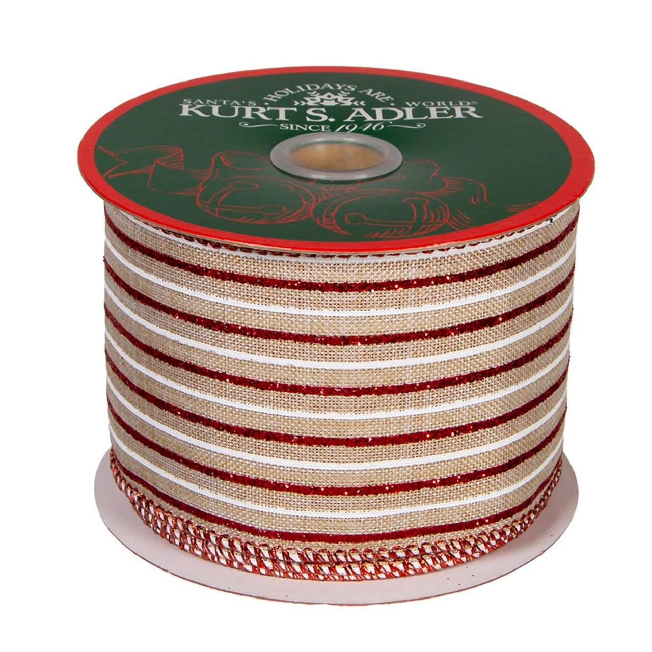 Tan Striped Ribbon Tan With Red Glitter & White Striped Double Wire Ribbon - Kurt S. Adler Inc