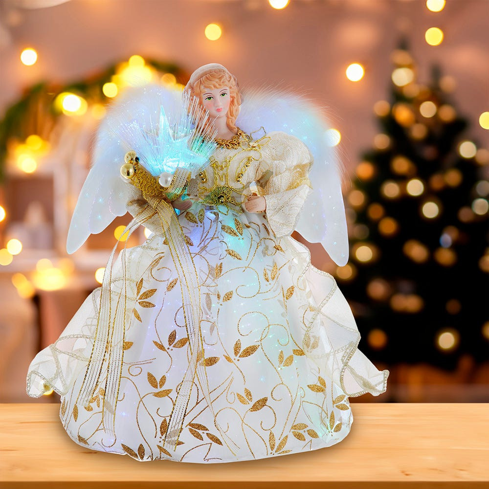 12“ Battery-Operated Fiber Optic Gold Angel Treetop with Color