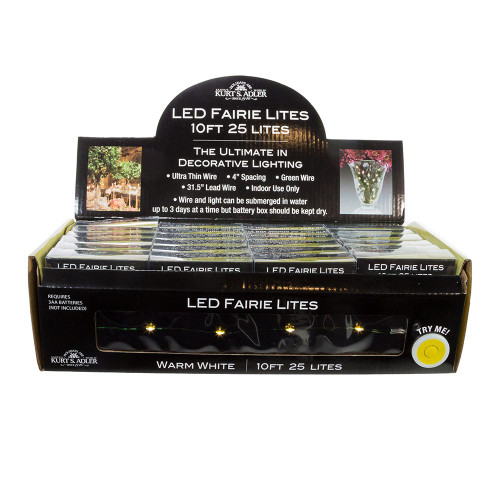 8' Battery Operated 25L Warm White Fairy LED Green Wire Light Set In PDQ