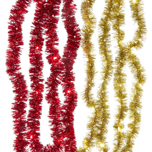 6.3' Battery Operated 20L Red & Gold Superbright LED Tinsel Garland In PDQ, 2 Assorted