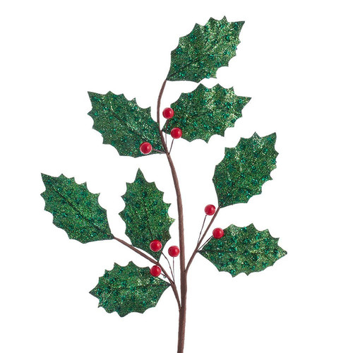 Glittered Holly Leaf With Red Berries Spray