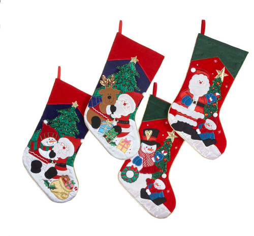 Embroidered Santa and Snowman Stockings, 4 Assorted