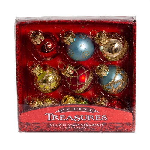 1“ Petite Treasure Multicolored Decorated Glass Ball Ornaments, 9-Piece Box
