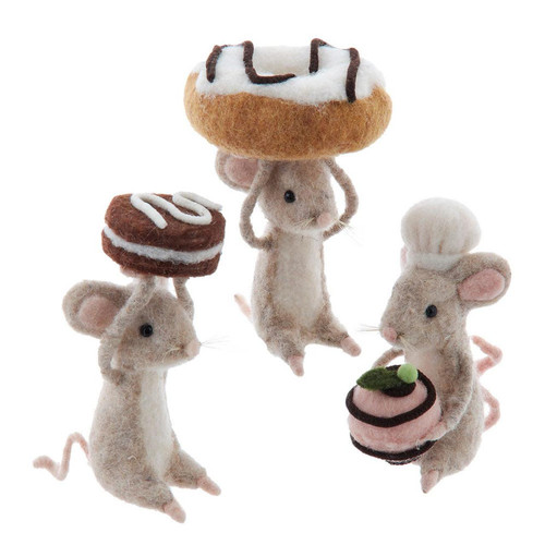 Brown Mouse Holding Sweets Ornaments, 3 Assorted
