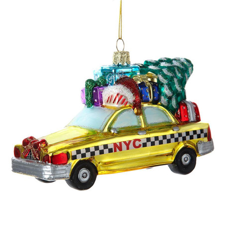 New York City Checker Taxi With Tree Glass Ornament