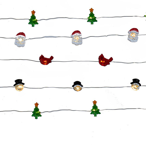 6.3' Battery Operated 20L Warm White Fairy LED Christmas Icon Light Clear Wire Light Set In PDQ, 4 Assorted