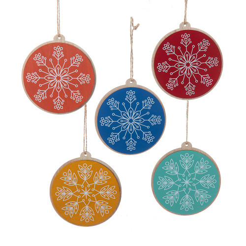Wooden Colorful Snowflake Disc Ornaments, 5 Assorted