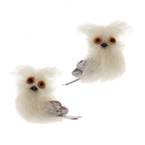 White Tinsel Owl Ornaments, 2 Assorted