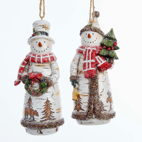 Birch Snowman Holding Christmas Tree and Wreath Ornaments, 2 Assorted