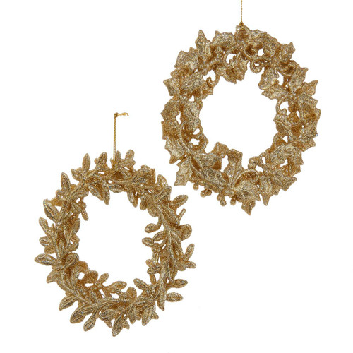 Gold Glitter Wreath Ornaments, 2 Assorted