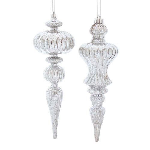 12“ Plastic Silver Distressed Finish Finial Ornaments, 2 Assorted